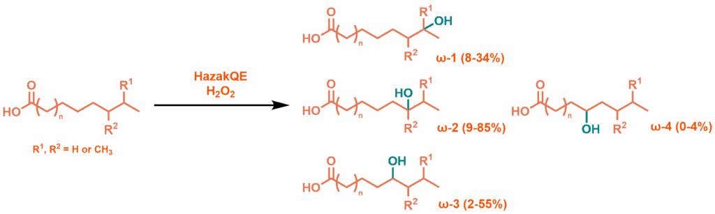 Distribution of hydroxylated fatty acid products after reaction with HazakQE.