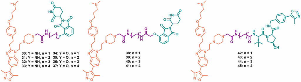 Structures of piperazine-linked degraders