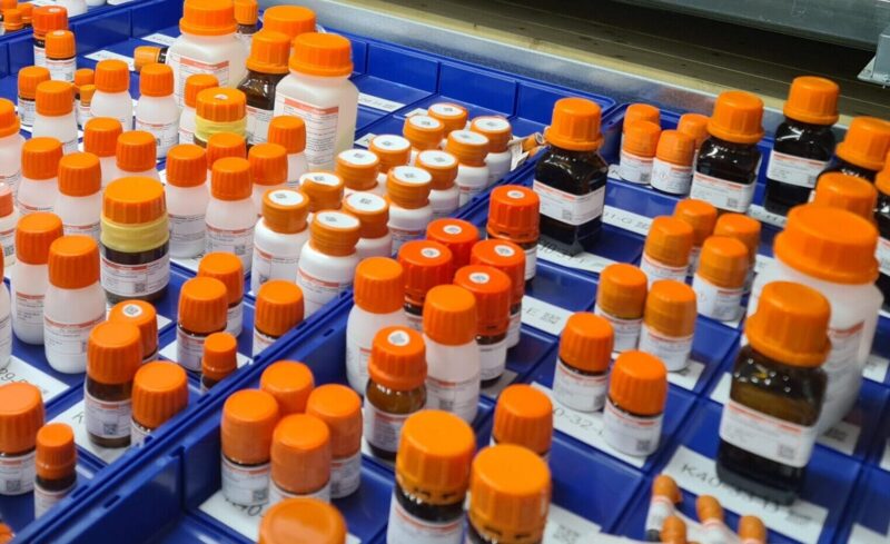 Research Chemicals in jars in storage